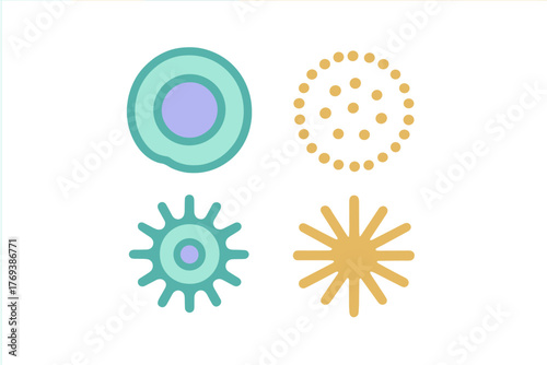 Stylized icons set of microscopic biological structures and pathogens in modern flat colors