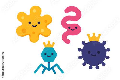 Cute cartoon germs and bacteria characters with crowns representing microscopic pathogens