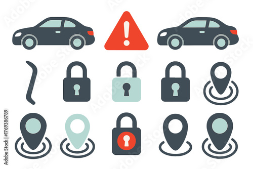 Security, crime, and location symbols including vehicles, padlocks, warning signs, and map markers