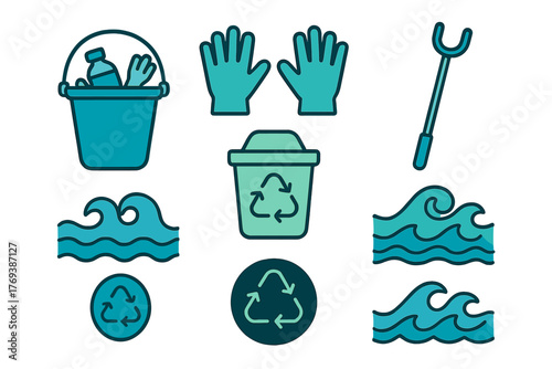 Environmental cleanup and recycling symbols featuring waves, protective gloves, and trash containers