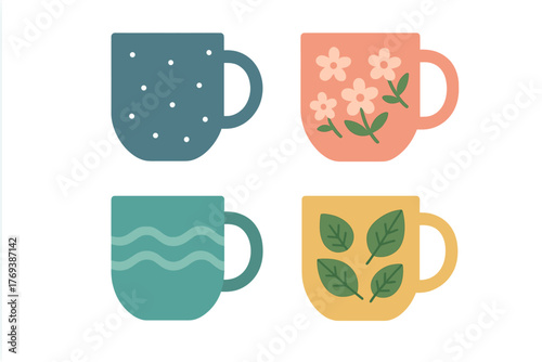 Collection of four colorful mugs with various patterns for hot beverages