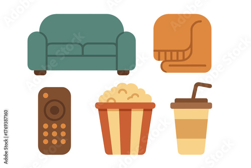 Cozy living room entertainment set with sofa, armchair, remote control, popcorn, and soda
