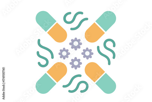 Abstract medical capsules surrounding bacteria and virus shapes for antibiotic treatment