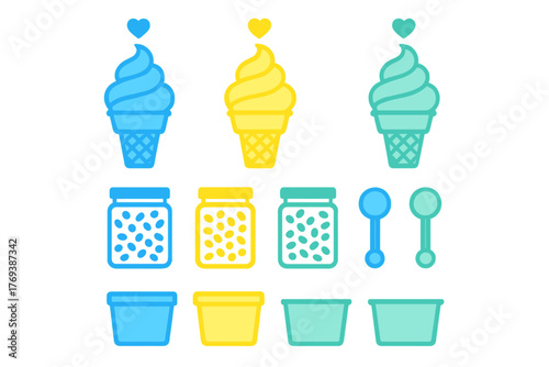 Colorful collection of soft serve ice cream cones and dessert toppings symbols