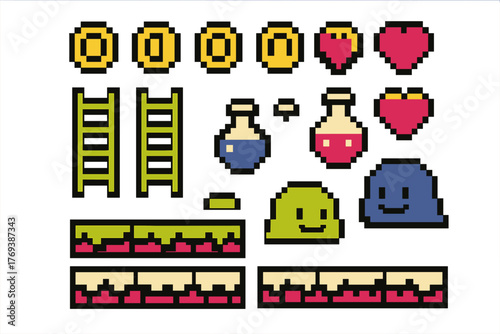 Pixelated retro video game assets including coins hearts potions ladders and ground tiles