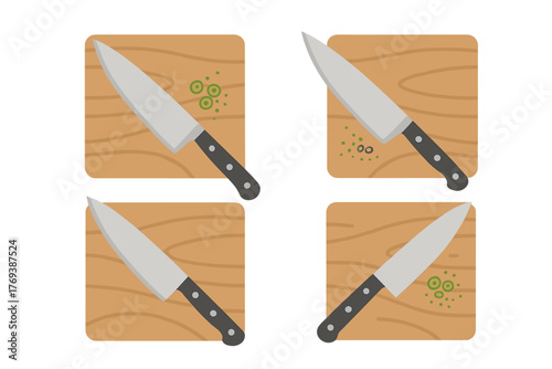 Set of four chef knives on wooden cutting boards with chopped green vegetables