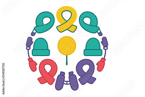 Decorative circular arrangement of colorful winter scarves hats and mittens