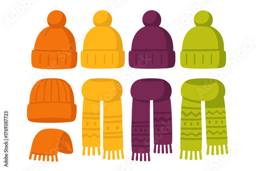 Colorful knitted winter hats and scarves set for cold weather fashion accessories