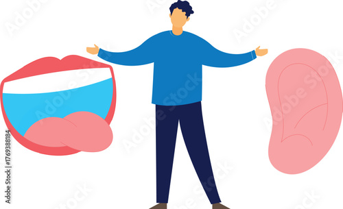 The boy is showing ear and tongue sanses