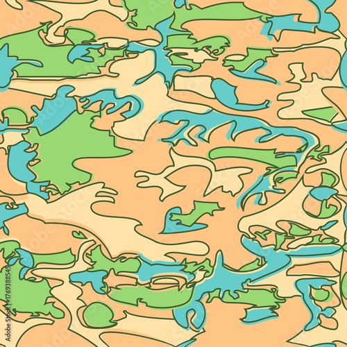 Seamless Camouflage Pattern in Green Blue Beige background. Modern clothing style masking camo repeat print. Forest texture. Wavy shapes. Graphic design vector illustration for Fashion Textile Cover