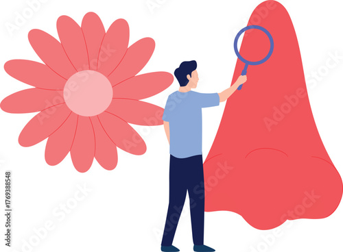 The boy is showing nose for smell sense.