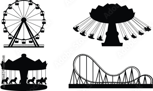 Amusement park ride silhouettes, black vector illustration, Ferris wheel, carousel, swing ride, roller coaster, entertainment attraction set, fun fair concept