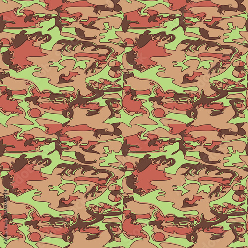 Seamless Camouflage Pattern in Brown Green background. Modern clothing style masking camo repeat print. Forest texture. Wavy shapes. Graphic design vector illustration for Fashion Textile Cover Banner
