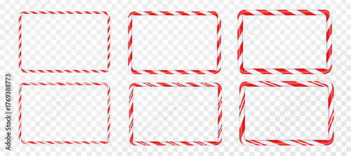 A set of Christmas candy cane-shaped frames with red and white stripes of varying thickness. A drawing of striped Christmas candy canes. A New Year's template with space for text. Vector illustration 