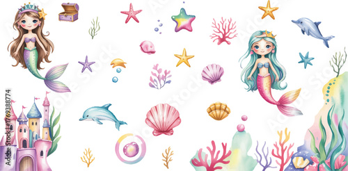 Collection of vibrant wall decals showcasing mermaids and sea creatures vector illustration.
