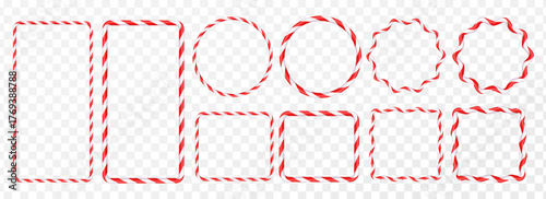 Christmas frames with red and white striped lollipops. Festive border design with striped lollipop pattern. Empty festive template for Christmas and New Year. Vector on white background