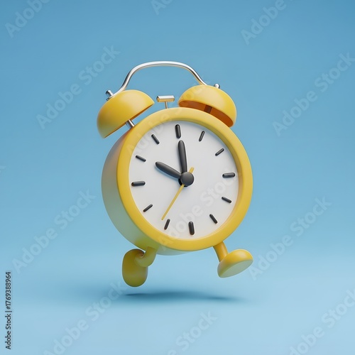 Whimsical yellow alarm clock running against a blue backdrop
