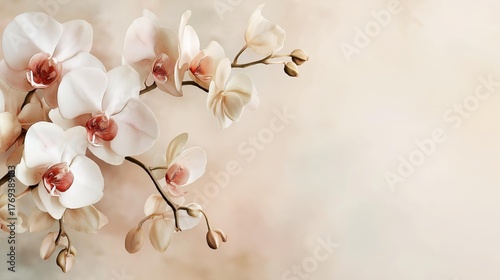Delicate orchids bloom elegantly against a soft, pastel background, perfect for floral decorations or art.