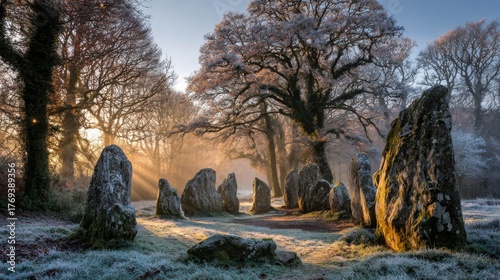 Watercolor-style scene of stone circle at dawn, symbol of returning light.