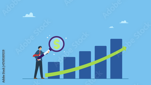 Businessman with magnifying glass on dollar money sign with growth graph and chart. Revenue or salary increase, growth investment profit or earning from stock market, money or wages growing.
