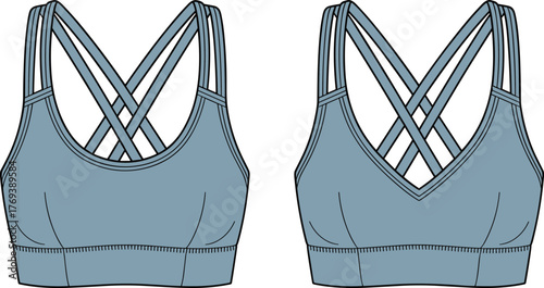 Black and white fashion sketch of sports bra, front and back view, crisscross straps, scoop neckline, V-back, elastic band, garment construction, vector template