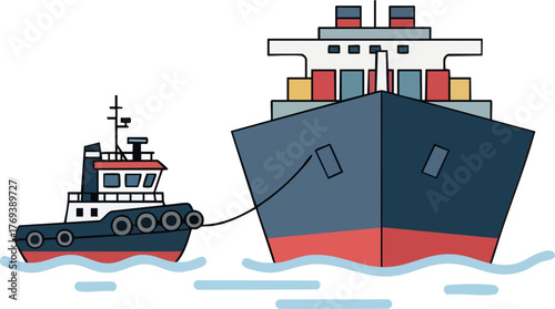 Tugboat pulling a large cargo ship in the sea isolated on white backround