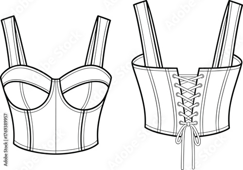 Black and white fashion sketch of structured corset top, front and back view, sweetheart neckline, lace-up back, garment construction, vector template