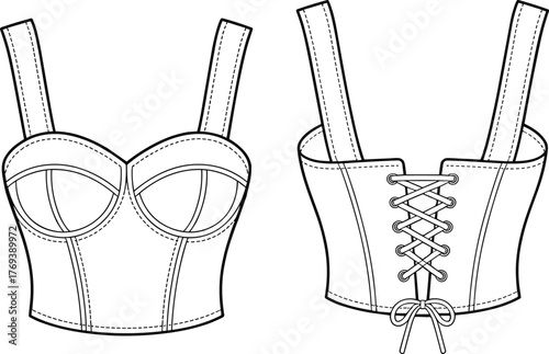 Black and white fashion sketch of structured bustier top, front and back view, sweetheart neckline, lace-up back, garment construction, vector template