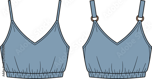 Blue bralette fashion sketch, front view comparison, V-neckline, elastic band, adjustable straps, metal rings, button detail, garment construction, vector template