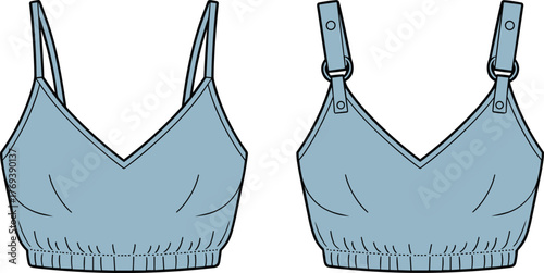 Blue cropped camisole fashion sketch, front and back view, spaghetti straps, V-neckline, elastic hem, metal ring detail, garment construction, vector template