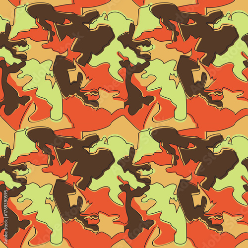 Seamless Camouflage Pattern in Brown Orange Green background. Modern clothing style masking camo repeat print. Earthy colors. Graphic design vector illustration for Fashion Textile Cover Banner Cloth