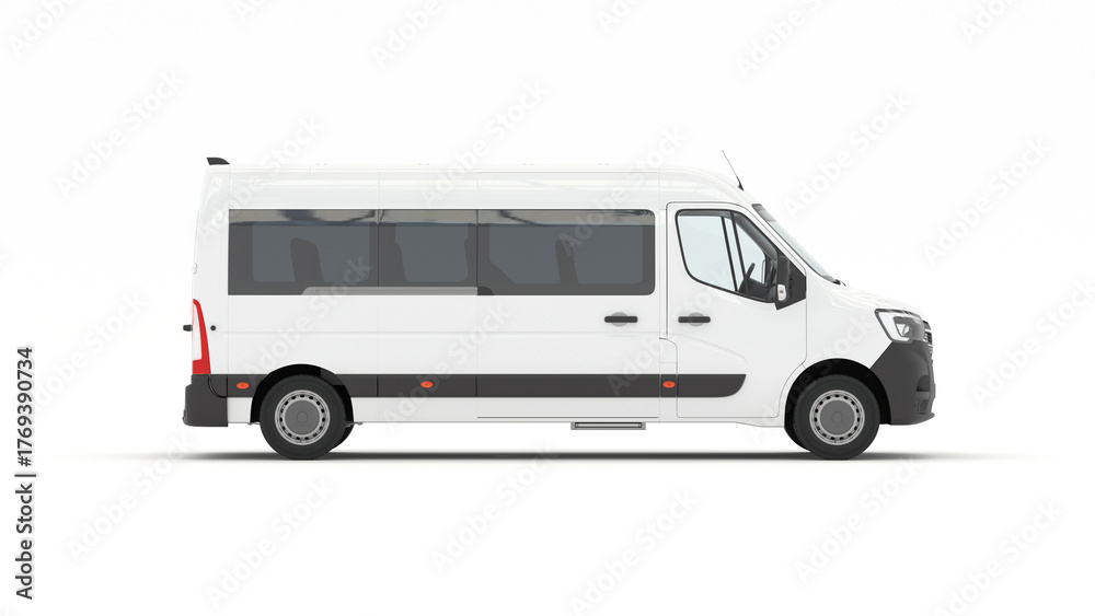Naklejka premium Modern White Van and Minibus Models. Transport, Delivery and Tourism Concept. 3D Illustration