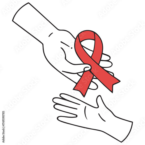 Illustration of a hand passing a red ribbon to another hand.