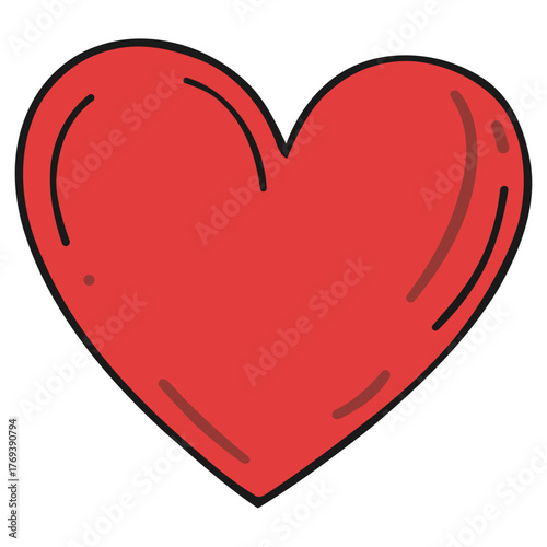 A simple cartoon illustration of a bright red heart with a black outline and subtle shading.