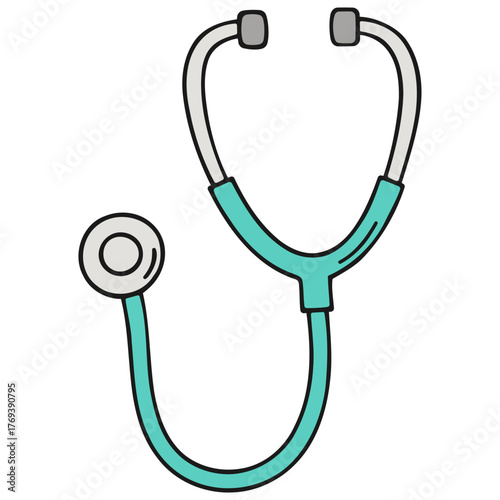 A simple, hand-drawn illustration of a teal stethoscope with white earpieces and a circular chestpiece.