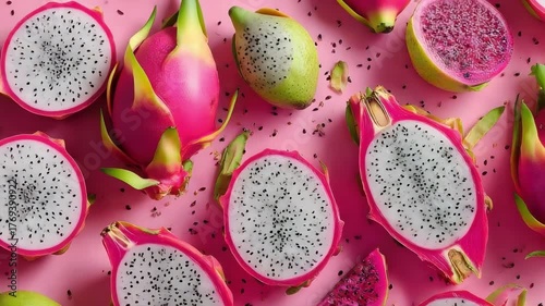 Dragon fruit (pitaya) halves and slices with white flesh and black seeds on a bright pink background.