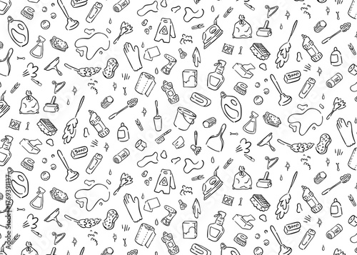 Hand-drawn seamless pattern of cleaning tools in doodle outline style. Includes sponge, brush, mop, spray bottle, and rubber gloves. Perfect for cleaning service backgrounds, spring cleaning designs