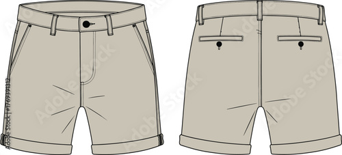 Fashion flat sketch of men’s tailored shorts, front and back view, technical drawing vector with pockets, waistband, cuffs for garment design and apparel production