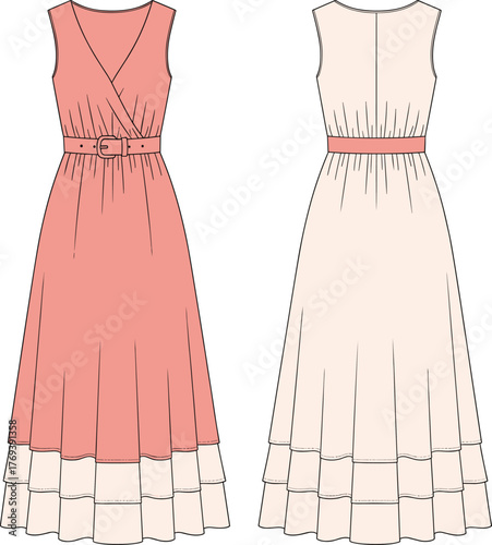 Fashion flat sketch of sleeveless belted maxi dress, front and back view, wrap bodice, layered hem, technical drawing vector for garment design and apparel