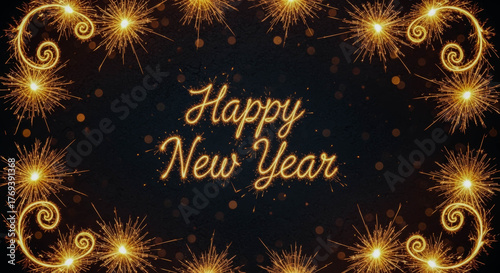 Festive dark background with Happy New Year text illuminated by golden sparkler effect, framed by glowing, decorative fireworks and swirling light trails.