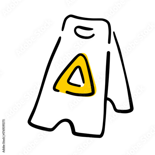 Hand drawn doodle style slippery floor warning sign. Simple outline wet floor symbol with stick figure slipping. Vector sketch illustration for safety, caution, and cleaning concepts.