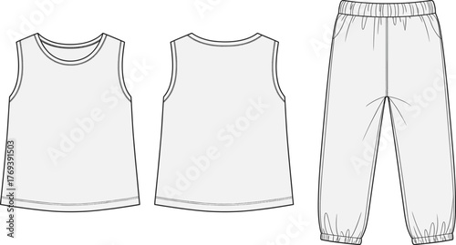 Fashion flat sketch of sleeveless top and pants, front and back view, technical drawing vector for children’s wear, casual apparel, and garment design