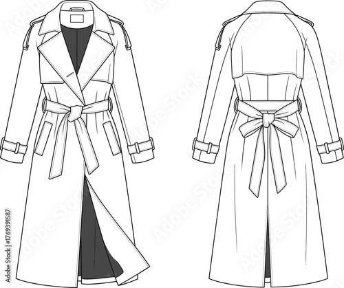 Fashion flat sketch of trench coat, front and back view, technical drawing vector with lapel collar, belt, epaulets, cuffs for garment design and apparel