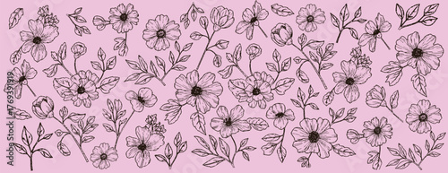 Elegant seamless pattern of hand-drawn black outline flowers on a pink background, a perfect delicate vector design for feminine fabric or stationery