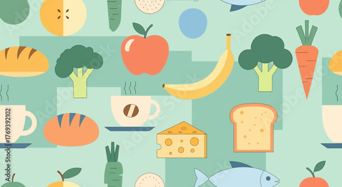 Vibrant food pattern background for health and wellness campaigns, featuring stylized fruits, vegetables, and healthy options like fish and whole grains
