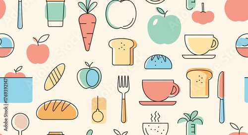 Delightful food pattern background with modern flat design featuring bread, apples, carrots, and beverages to inspire healthy eating and lifestyle choices