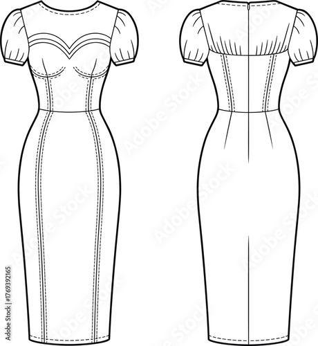 Fitted puff-sleeve dress fashion flat, sweetheart neckline with sheer pleats, pencil skirt, front and back view garment construction sketch illustration