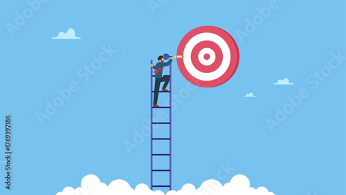 Businessman climb up ladder high into the sky to aiming for perfect bullseye target dartboard. Success ladder, aspiration to achieve target, business goal or work purpose, aim for perfection.