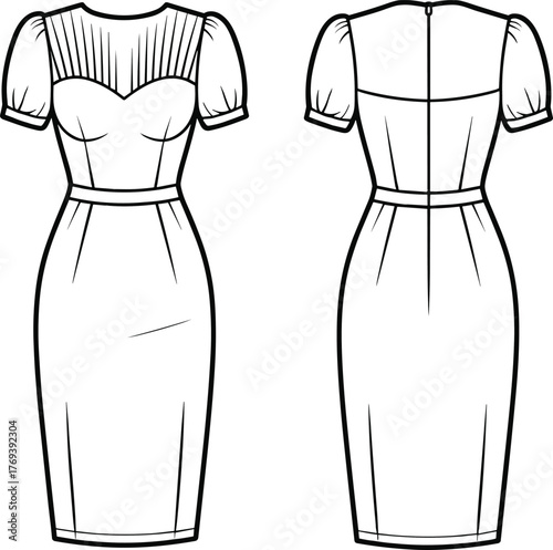 Fitted puff-sleeve dress fashion flat, sweetheart neckline with yoke detail, pencil skirt, front and back view garment construction sketch illustration