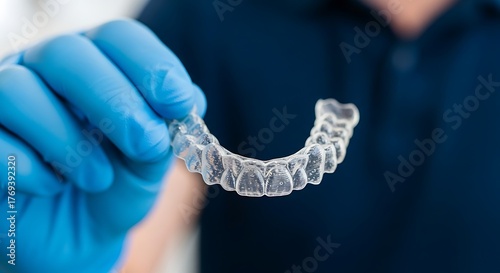 Blue gloved hand holding clear dental aligner image